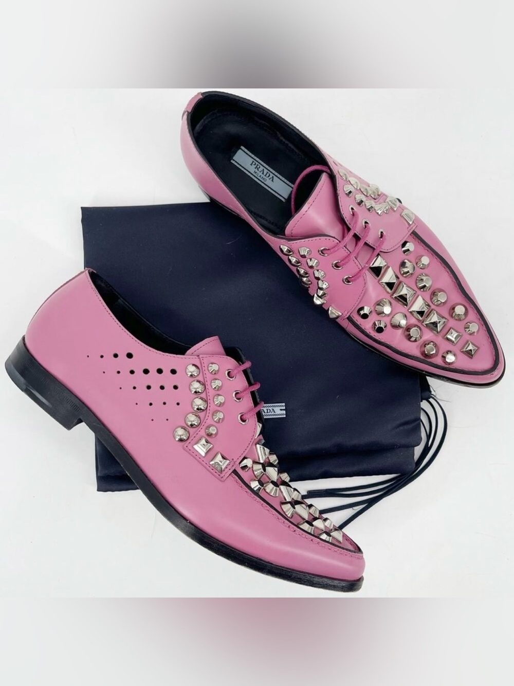 Prada Pink Studded Leather Oxford Lace Up Shoes with Silver Hardware IT 36